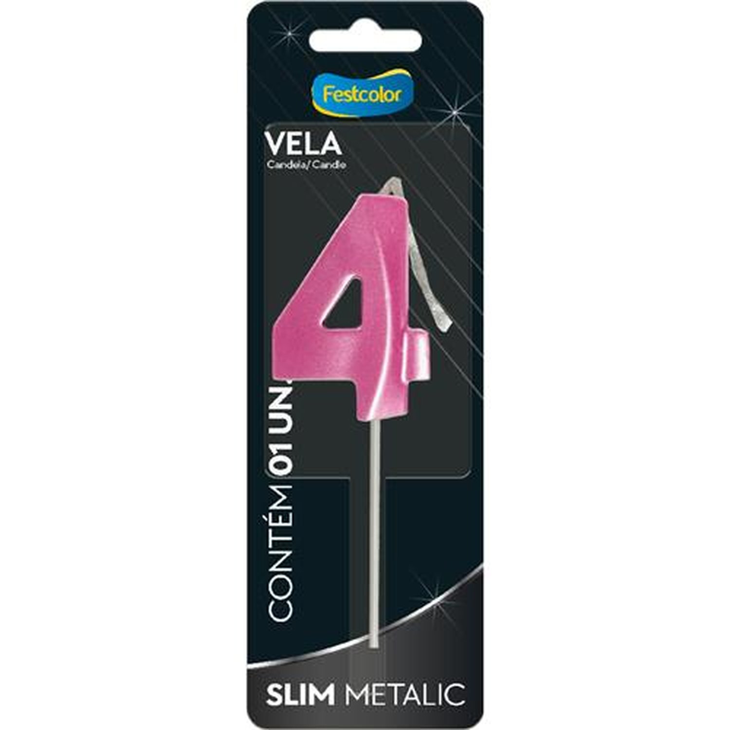 Vela Slim Metallic Pink N 4 - Embalagem com 1 unidade.