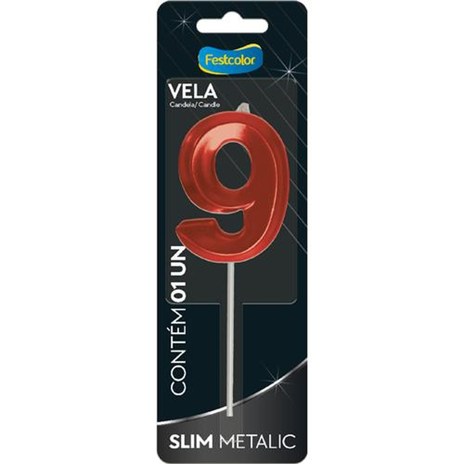 Vela Slim Metallic Vermelha N 9 - Embalagem com 1 unidade.