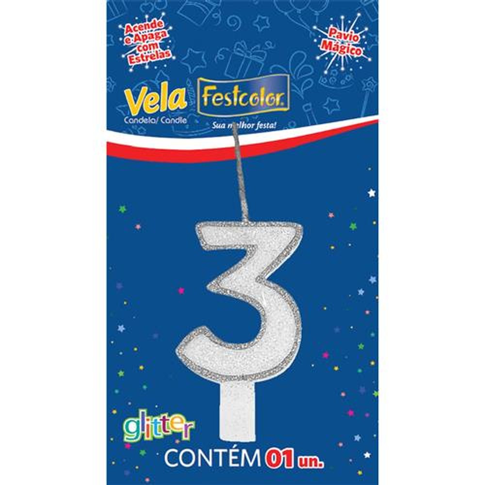 Vela Glitter Prata N 3