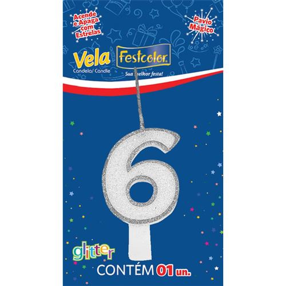 Vela Glitter Prata N 6