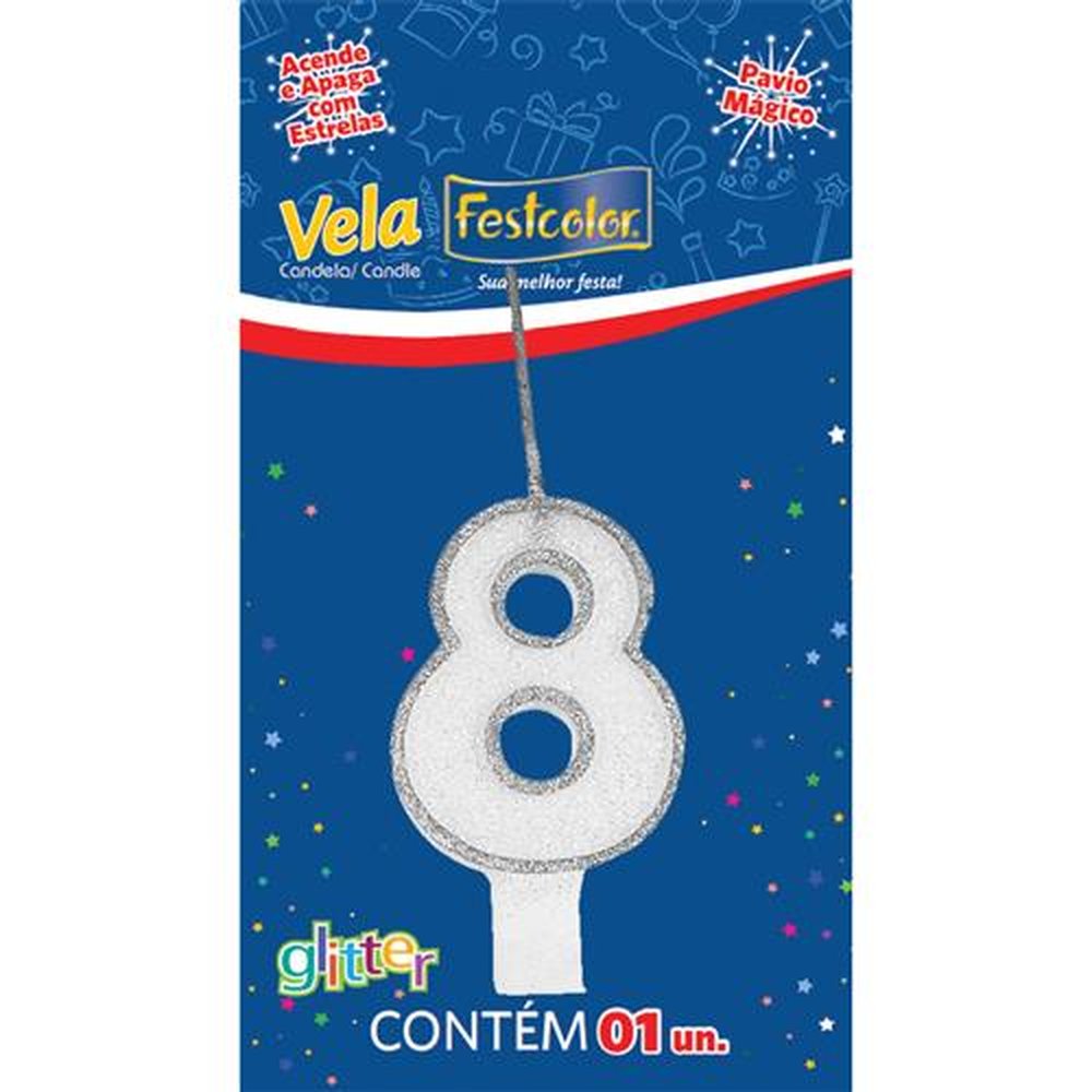 Vela Glitter Prata N 8