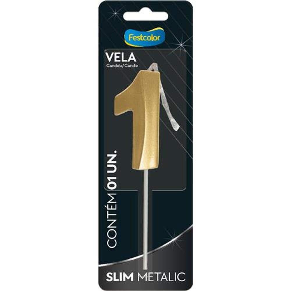 Vela Slim Metallic Ouro N 1 - Embalagem com 1 unidade.