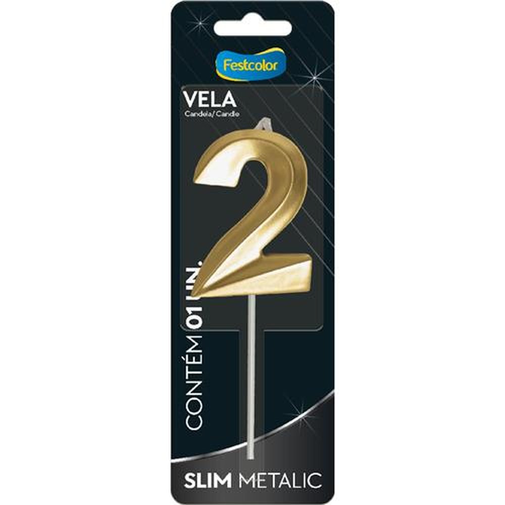 Vela Slim Metallic Ouro N 2 - Embalagem com 1 unidade.