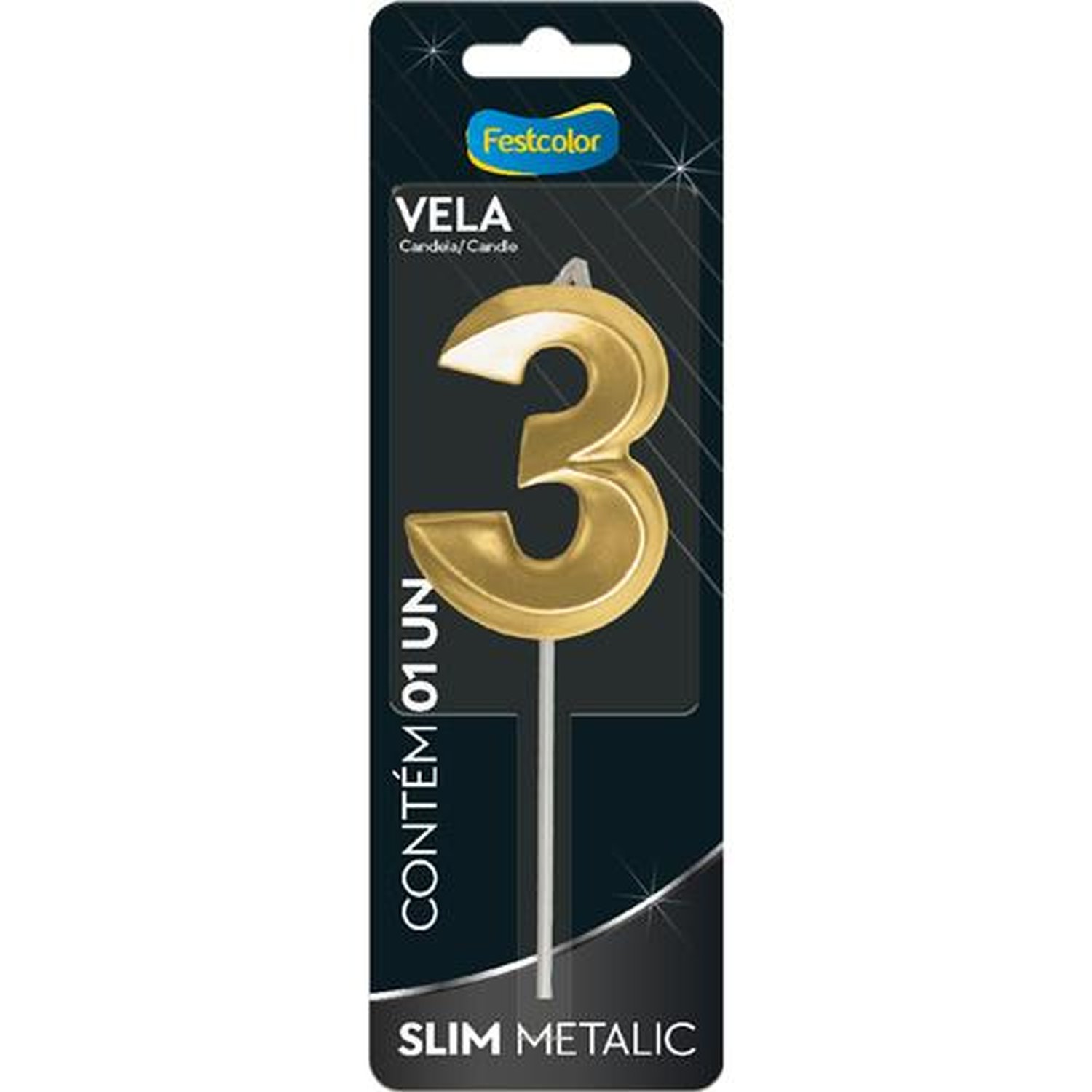 Vela Slim Metallic Ouro N 3 - Embalagem com 1 unidade.
