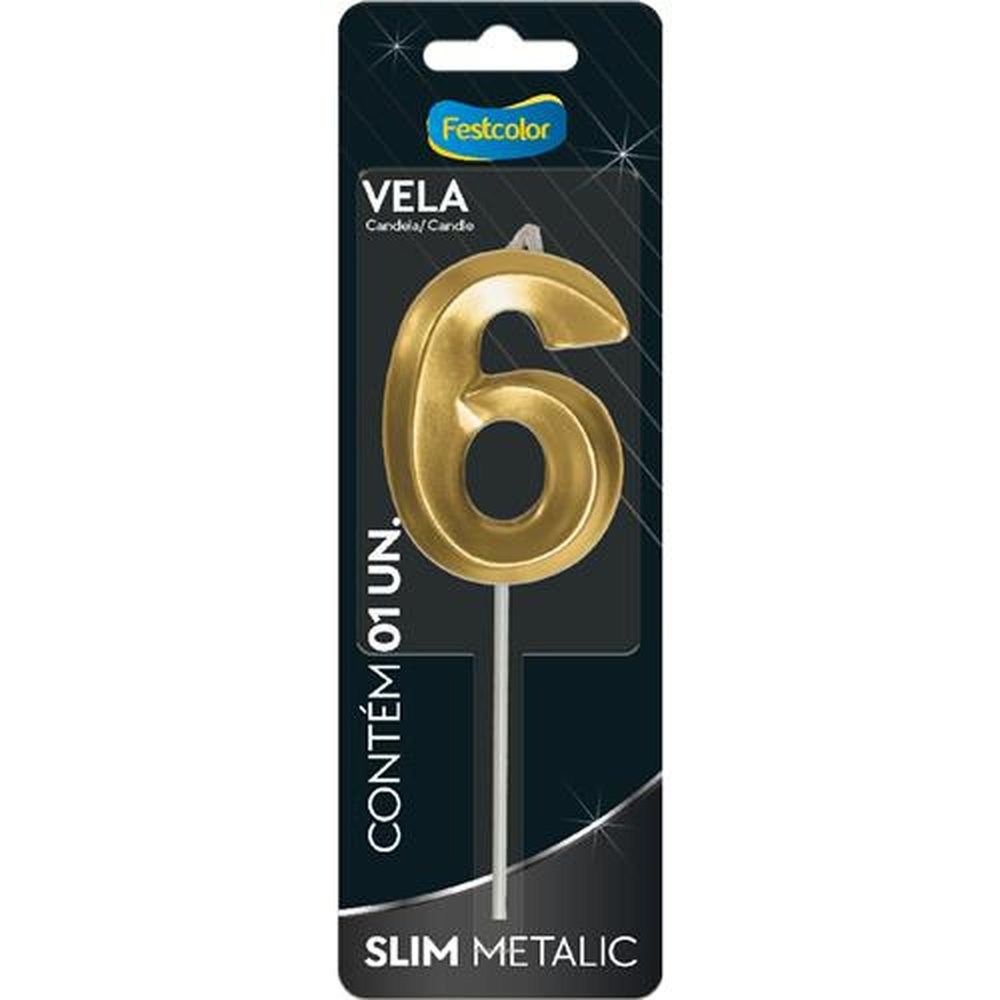 Vela Slim Metallic Ouro N 6 - Embalagem com 1 unidade.