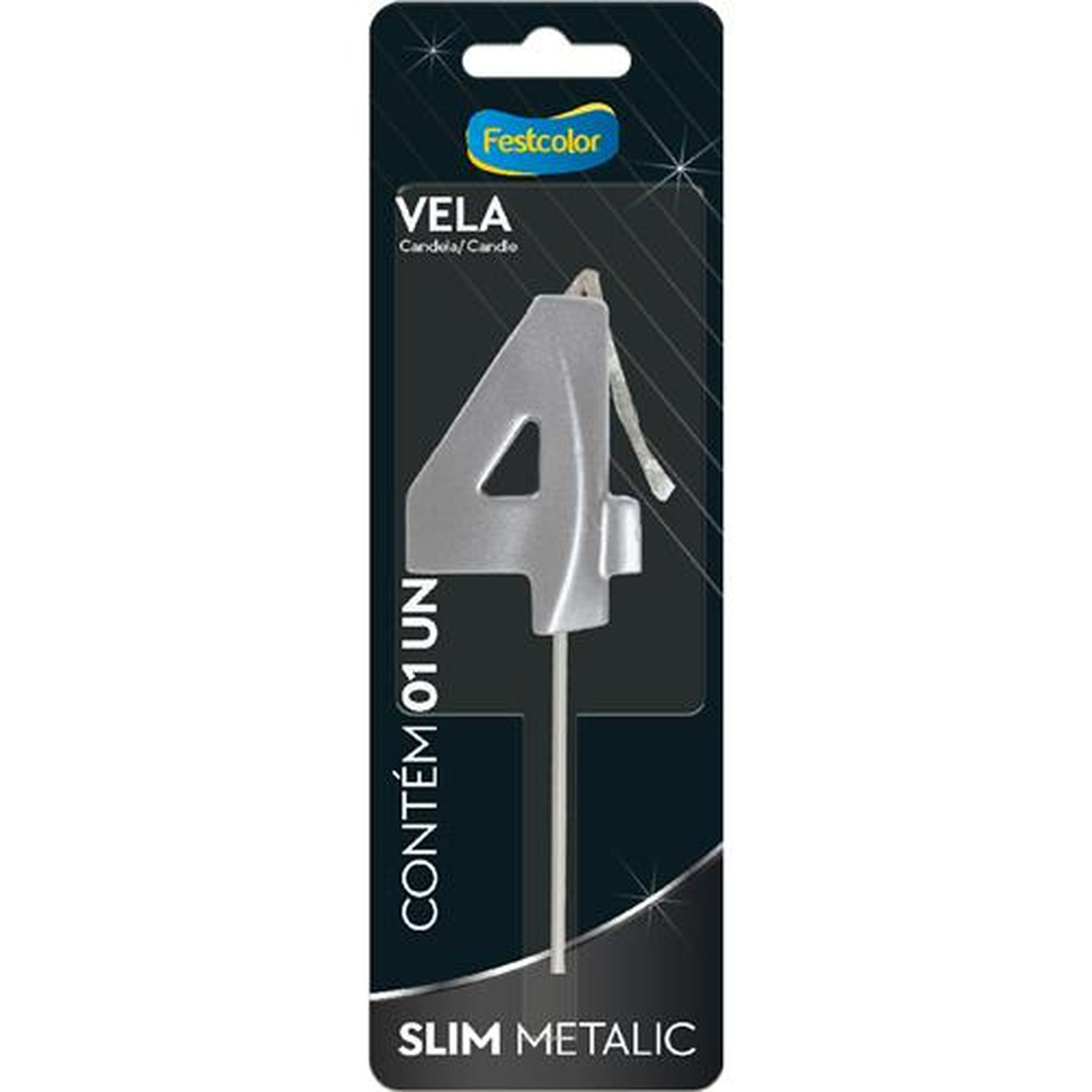 Vela Slim Metallic Prata N 4 - Embalagem com 1 unidade.