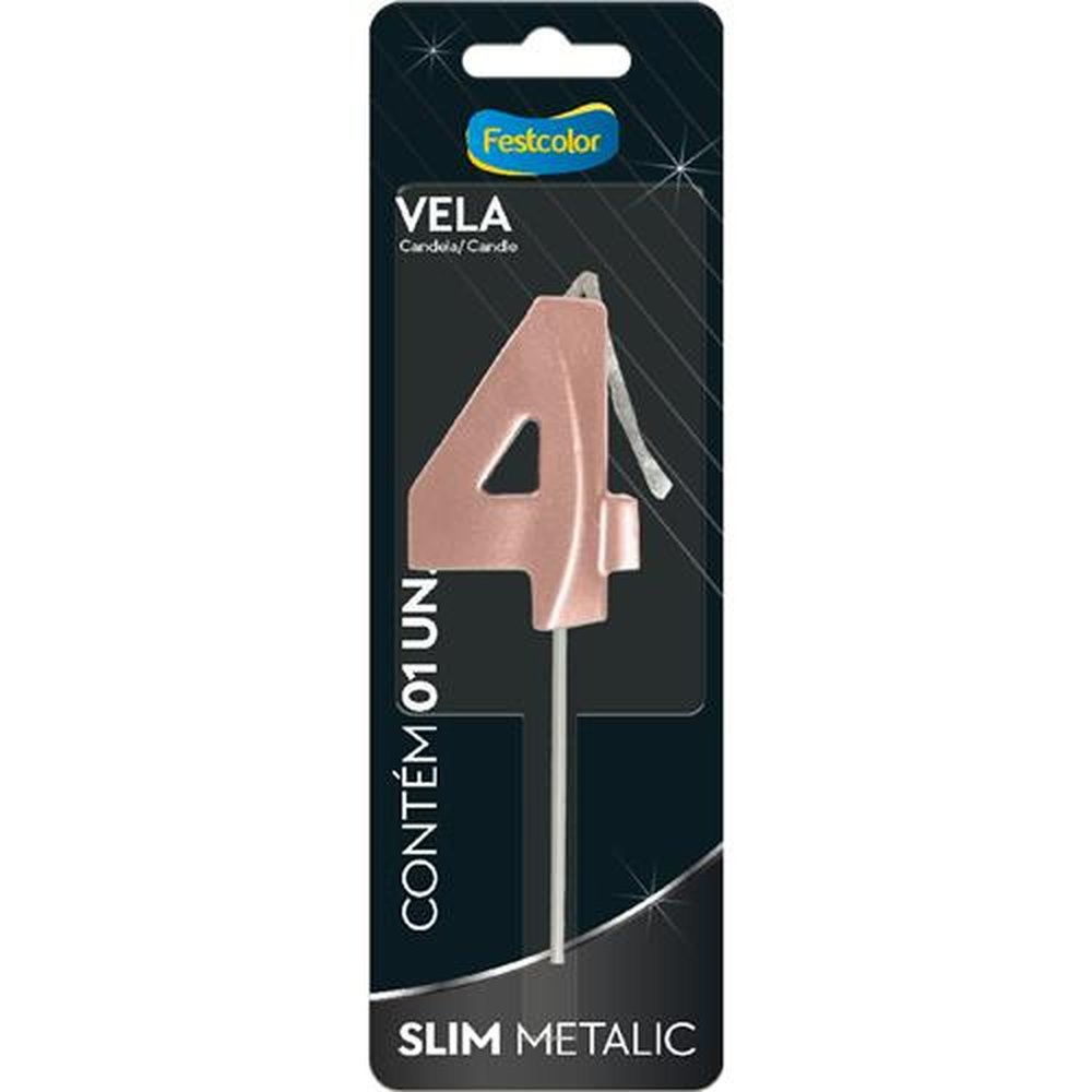 Vela Slim Metallic Rose Gold N 4 - Embalagem com 1 unidade.