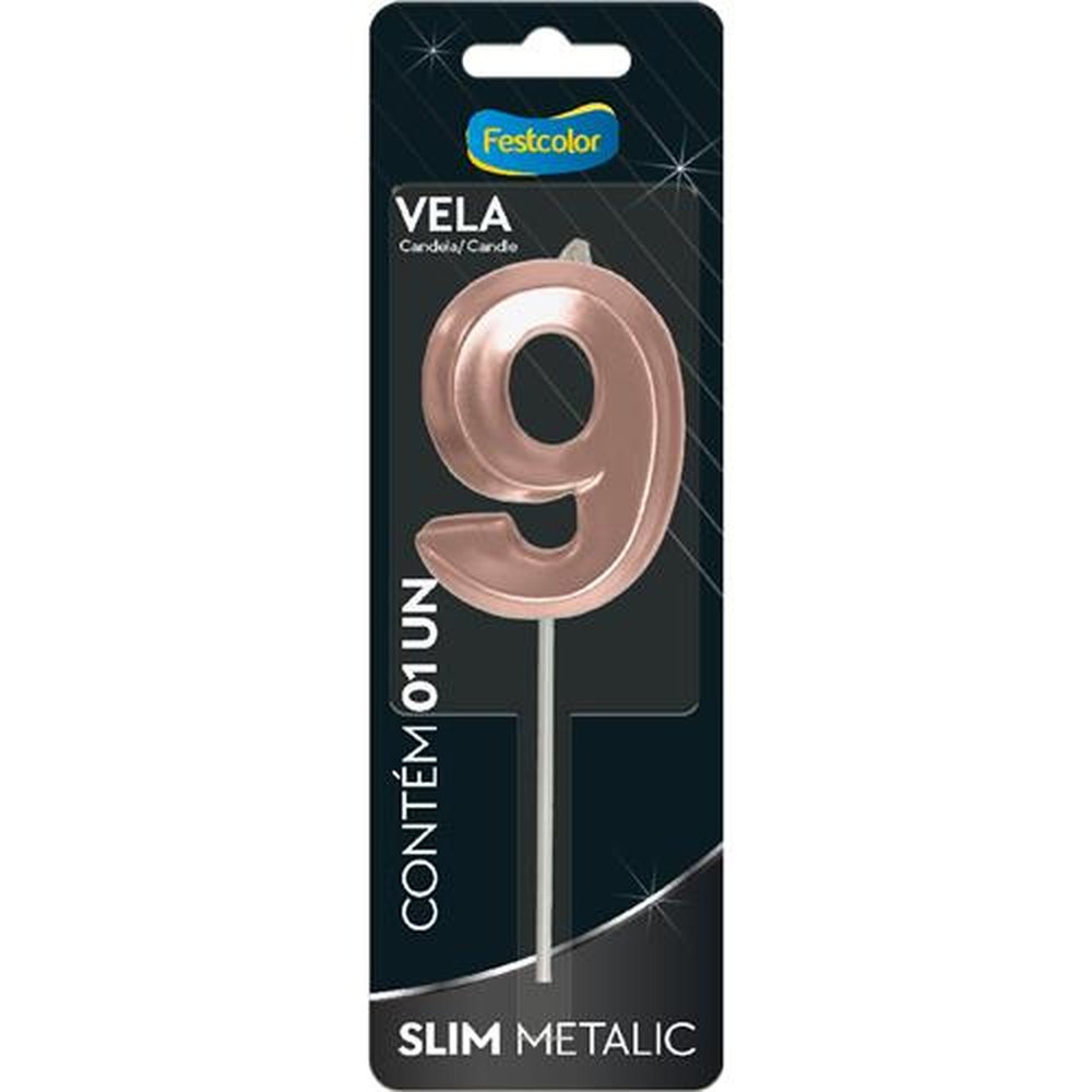 Vela Slim Metallic Rose Gold N 9 - Embalagem com 1 unidade.