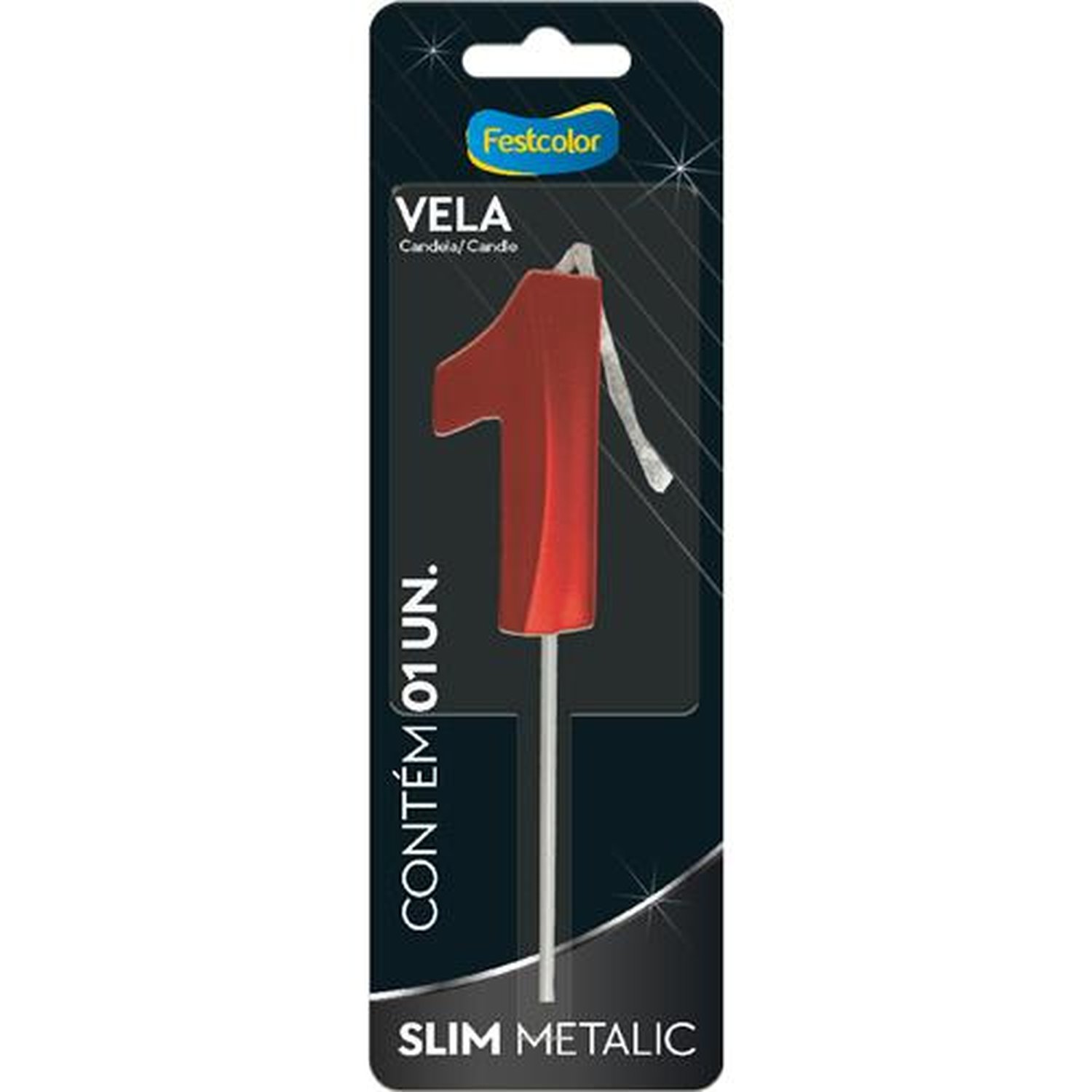 Vela Slim Metallic Vermelha N 1 - Embalagem com 1 unidade.