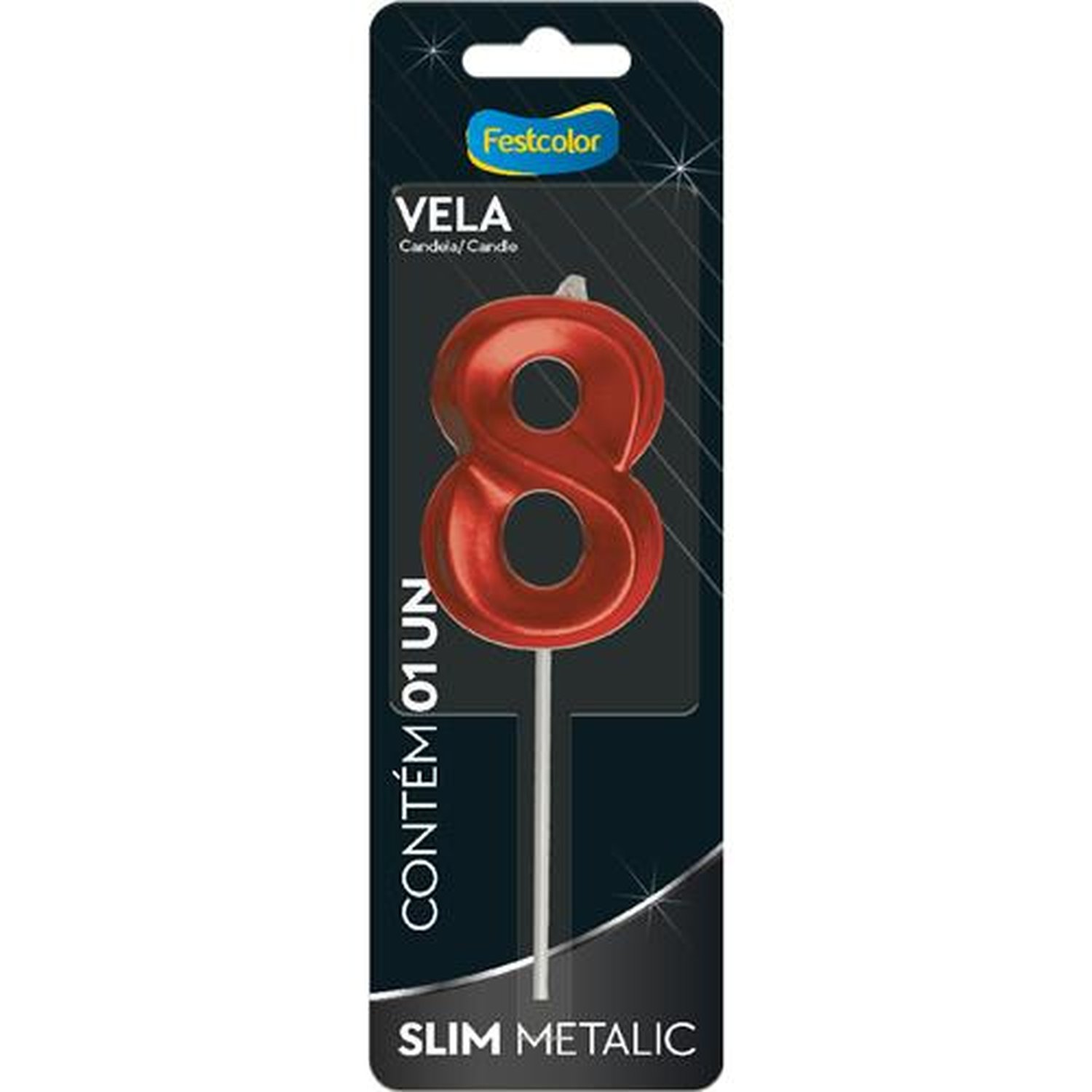 Vela Slim Metallic Vermelha N 8 - Embalagem com 1 unidade.