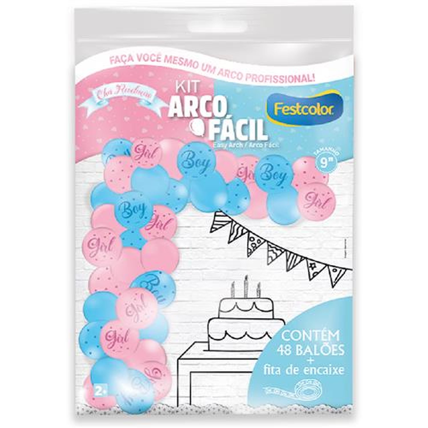 Kit Arco Facil de Baloes Cha Revelacao Azul e Rosa