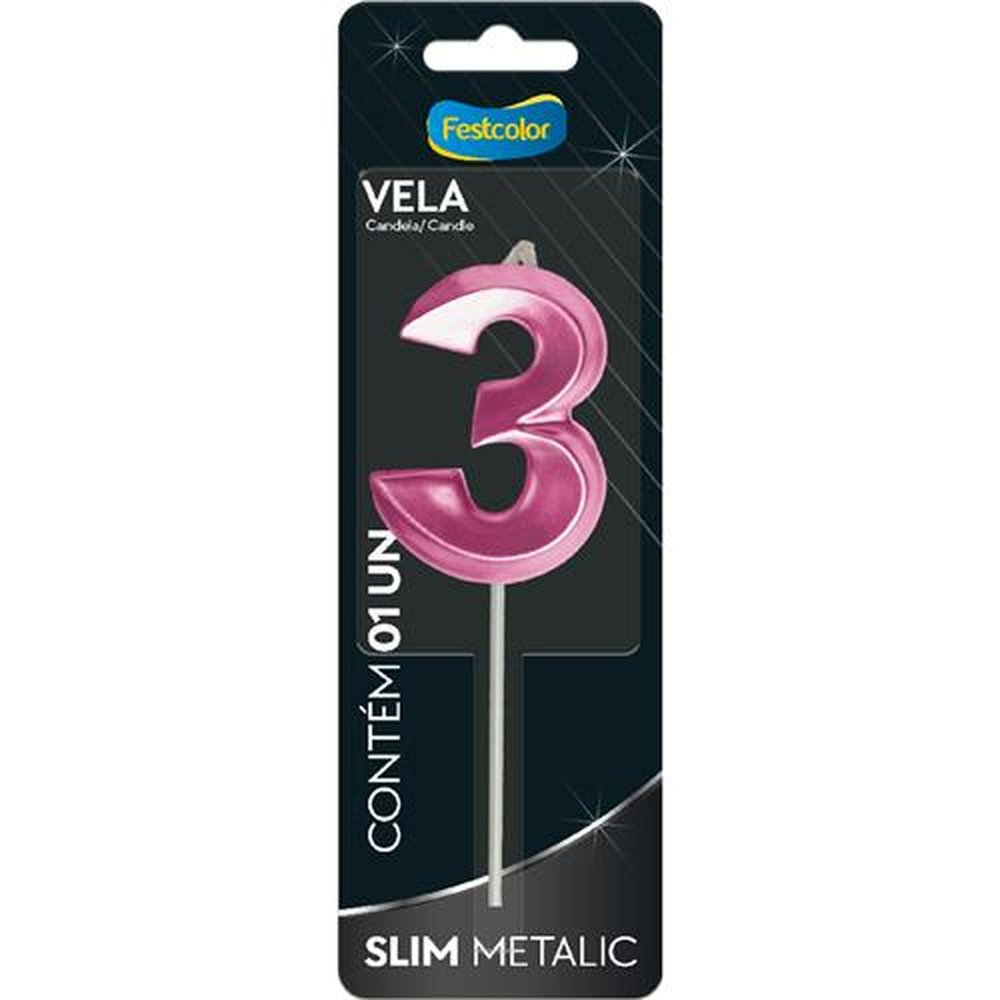 Vela Slim Metallic Pink N 3 - Embalagem com 1 unidade.