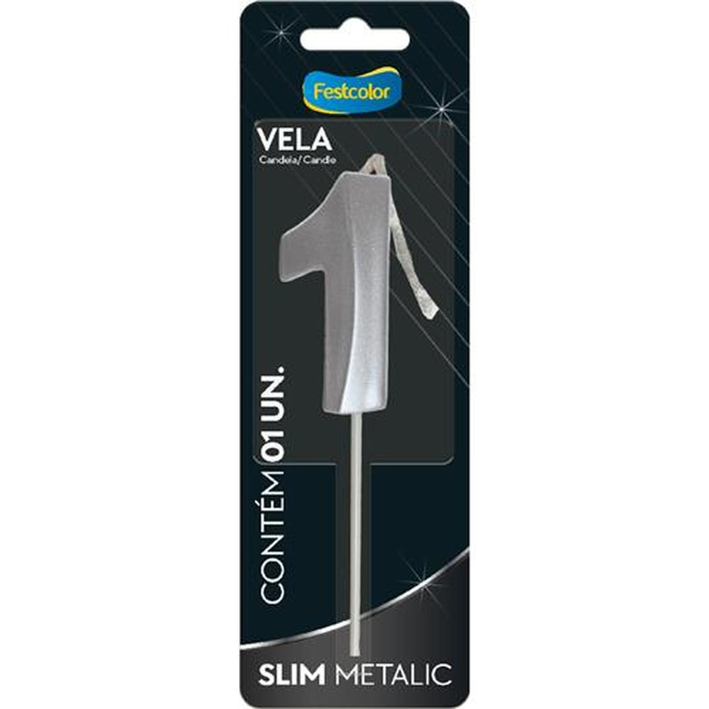 Vela Slim Metallic Prata N 1 - Embalagem com 1 unidade.