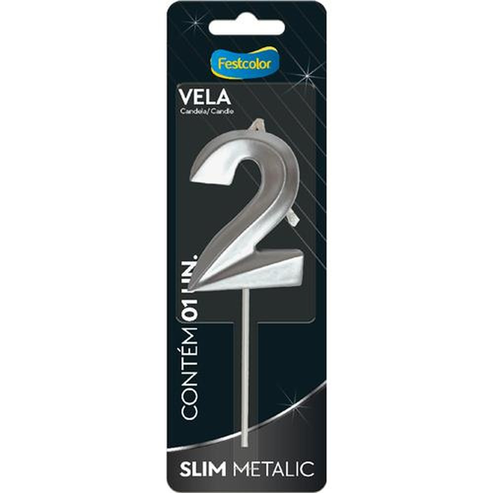 Vela Slim Metallic Prata N 2 - Embalagem com 1 unidade.