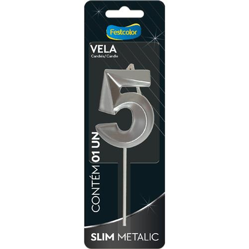 Vela Slim Metallic Prata N 5 - Embalagem com 1 unidade.