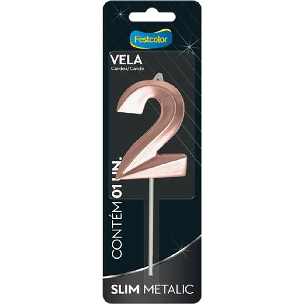 Vela Slim Metallic Rose Gold N 2 - Embalagem com 1 unidade.