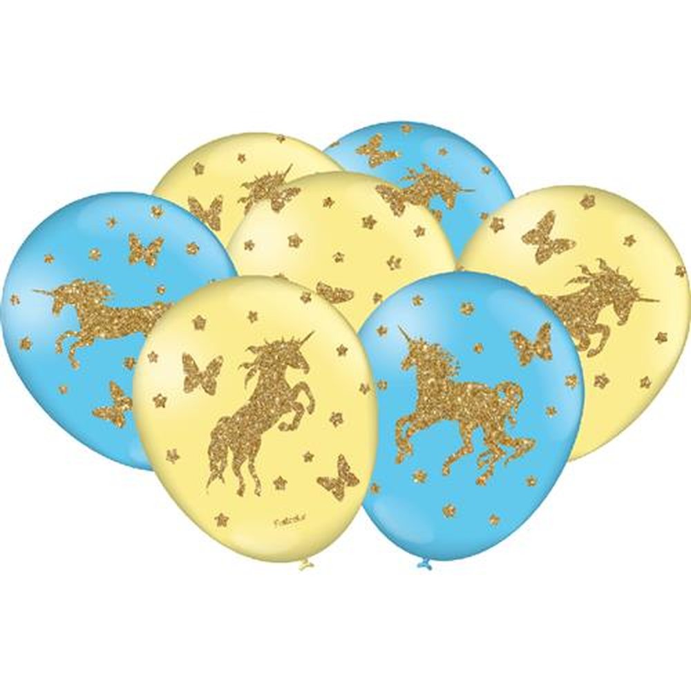 Balao Amarelo E Azul Unicornio - Embalagem com 25 unidades.