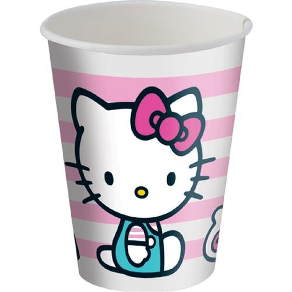 Copo Papel 200Ml Hello Kitty Rosa - Embalagem com 8 unidades.