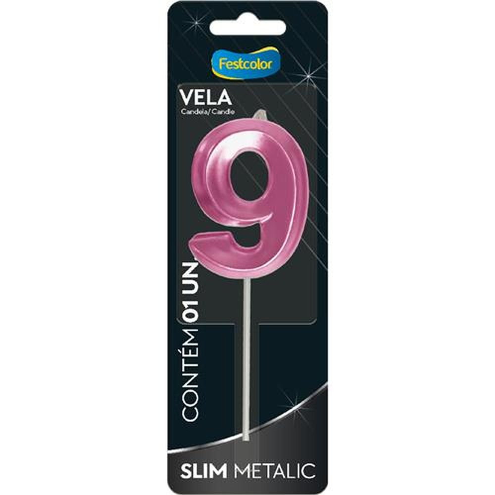 Vela Slim Metallic Pink N 9 - Embalagem com 1 unidade.