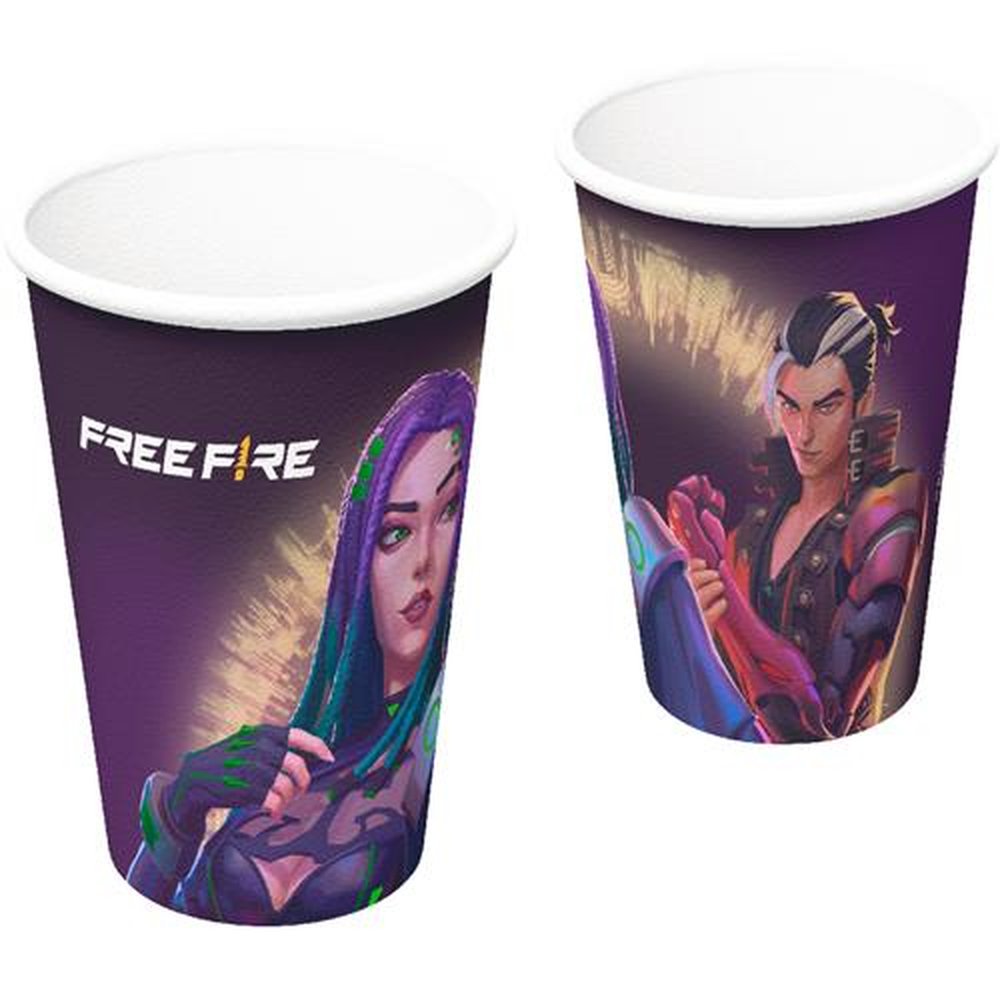 Copo Papel 200Ml Free Fire Gamer - Embalagem com 8 unidades.