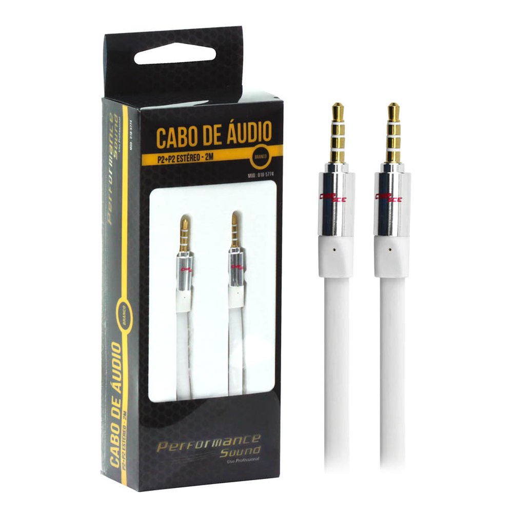 Cabo P2 + P2 Estereo Flat - 2m - 100% Cobre - Branco