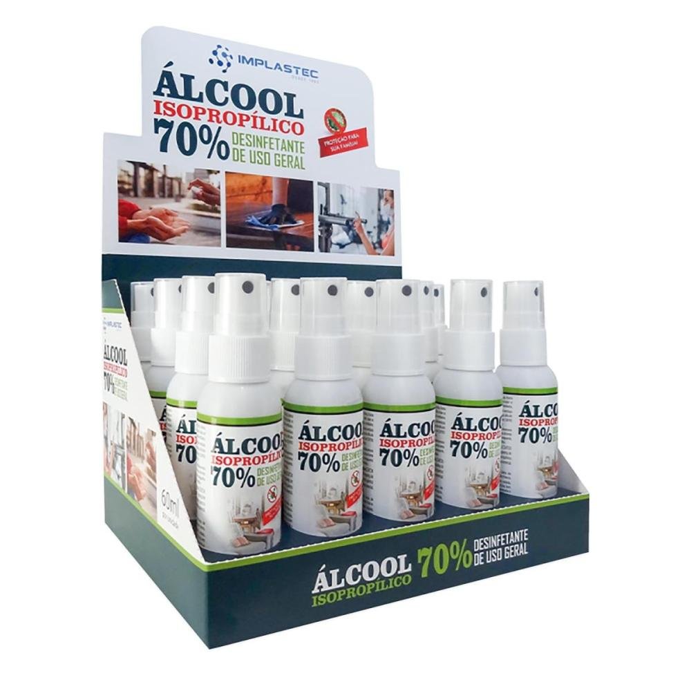 Álcool Isopropílico 70% 60ml Pump IMPLASTEC - Caixa com 20 unidades