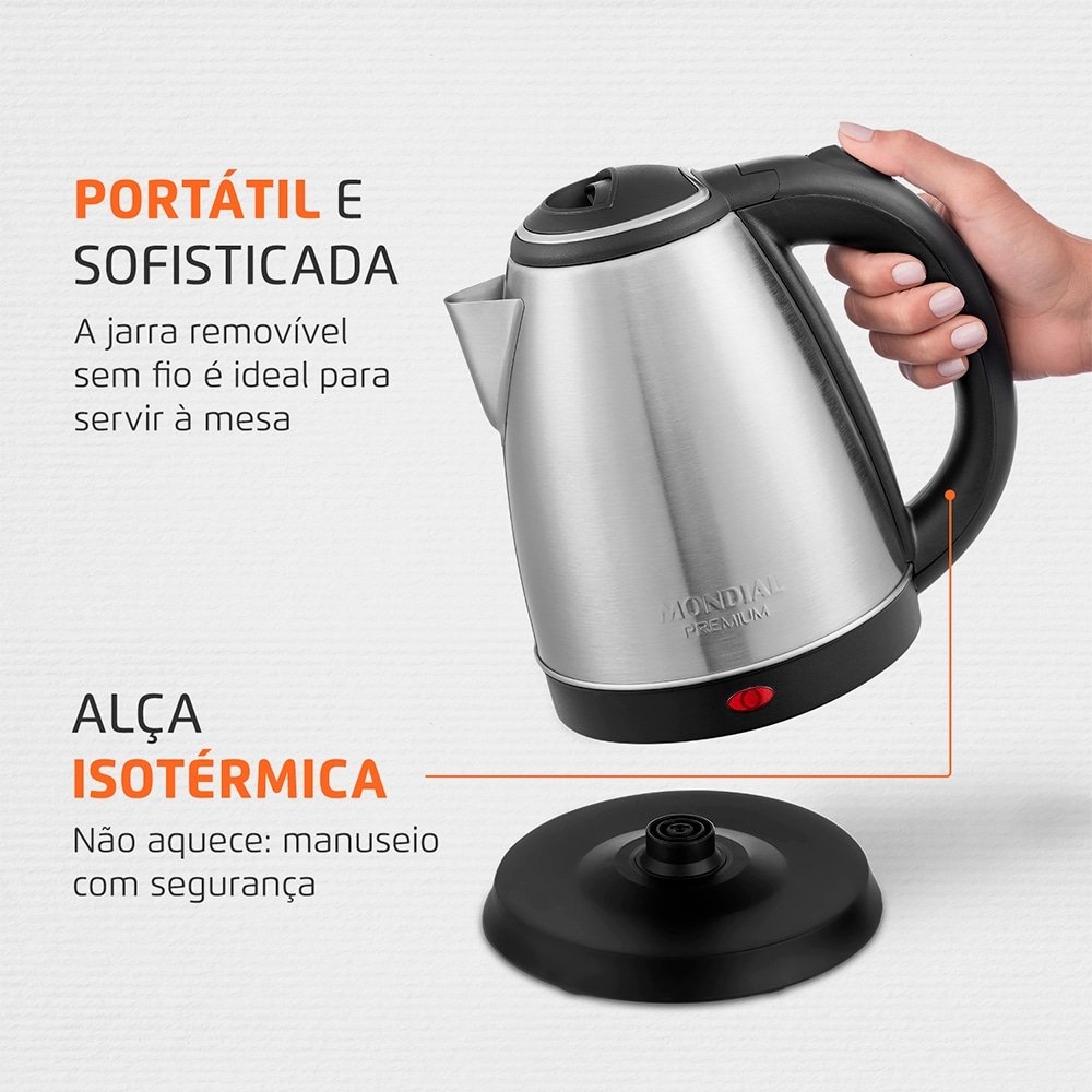 Chaleira Elétrica Mondial Pratic CE-06 - 2 Litros, até 100°C, Preto/Inox, 110V
