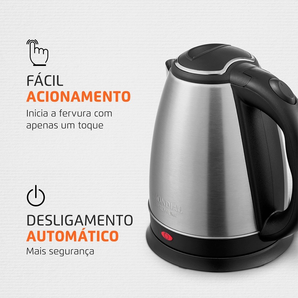 Chaleira Elétrica Mondial Pratic CE-06 - 2 Litros, até 100°C, Preto/Inox, 110V