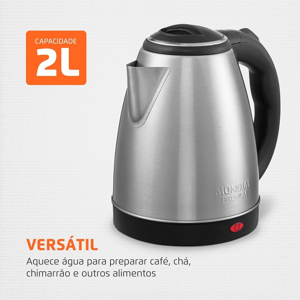 Chaleira Elétrica Mondial Pratic CE-06 - 2 Litros, até 100°C, Preto/Inox, 110V