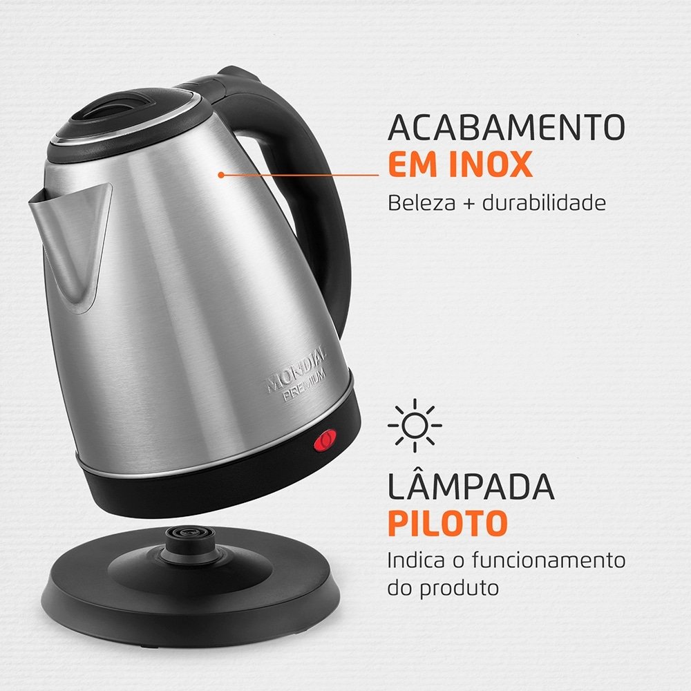 Chaleira Elétrica Mondial Pratic CE-06 - 2 Litros, até 100°C, Preto/Inox, 110V