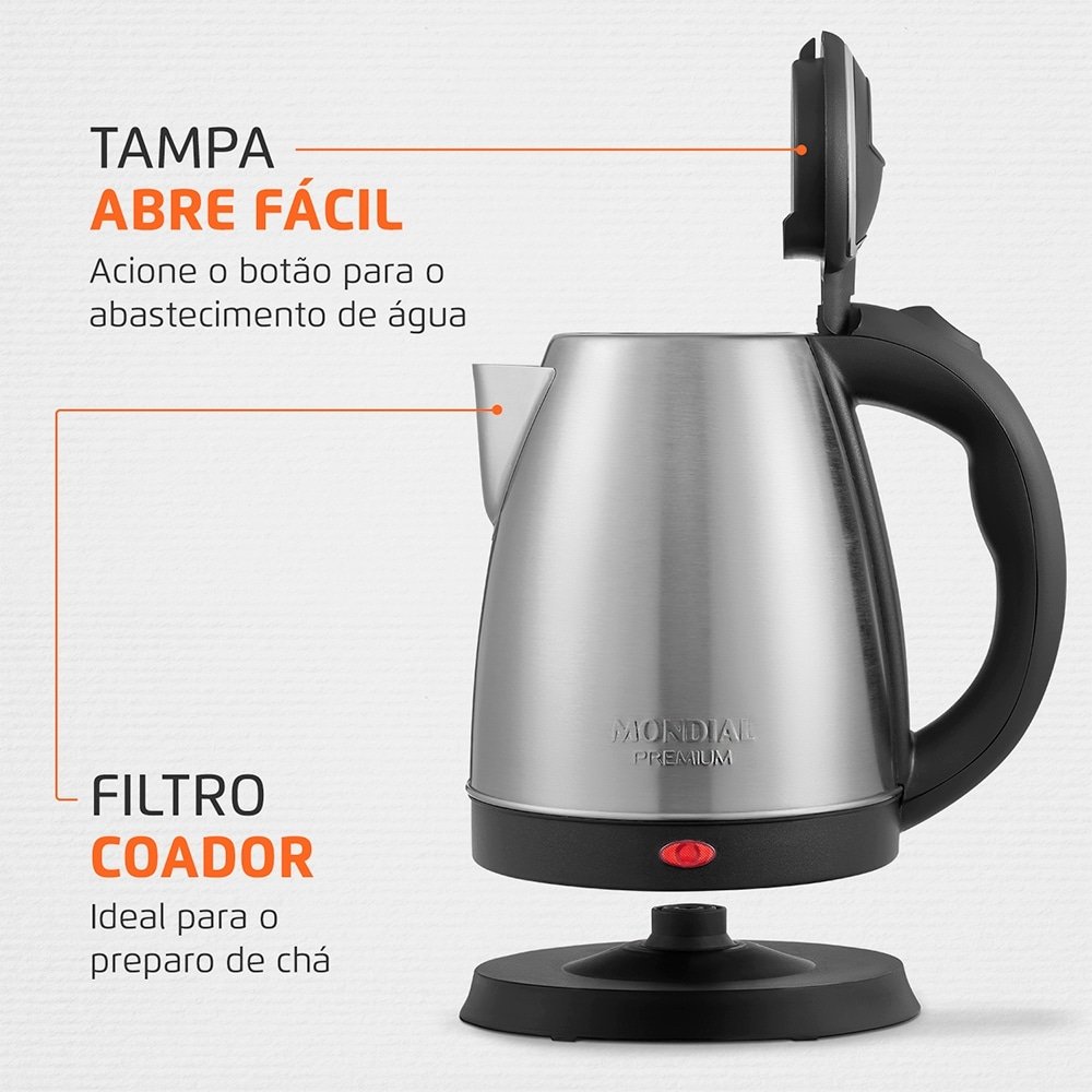 Chaleira Elétrica Mondial Pratic CE-06 - 2 Litros, até 100°C, Preto/Inox, 110V