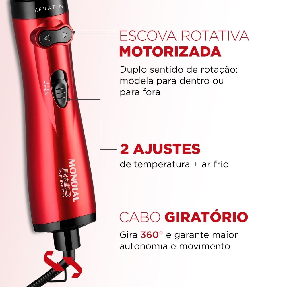 Escova Rotativa Mondial ER-11 Infinity Keratin - 1000W, 3 em 1, Vermelho, 220V