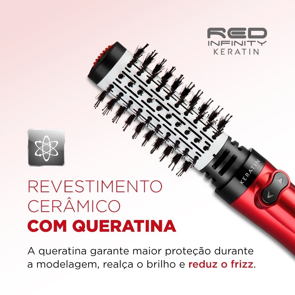 Escova Rotativa Mondial ER-11 Infinity Keratin - 1000W, 3 em 1, Vermelho, 220V