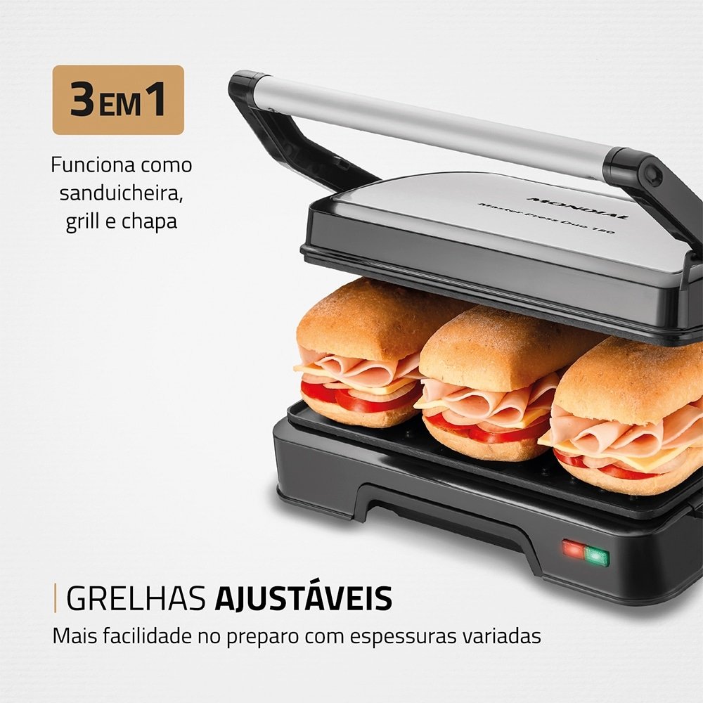 Grill Mondial PG-01-180 Master Press Duo - 1000W, Revestimento Antiaderente, Preto/Inox, 110V