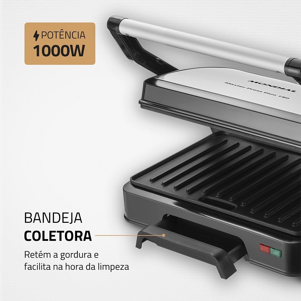 Grill Mondial PG-01-180 Master Press Duo - 1000W, Revestimento Antiaderente, Preto/Inox, 110V