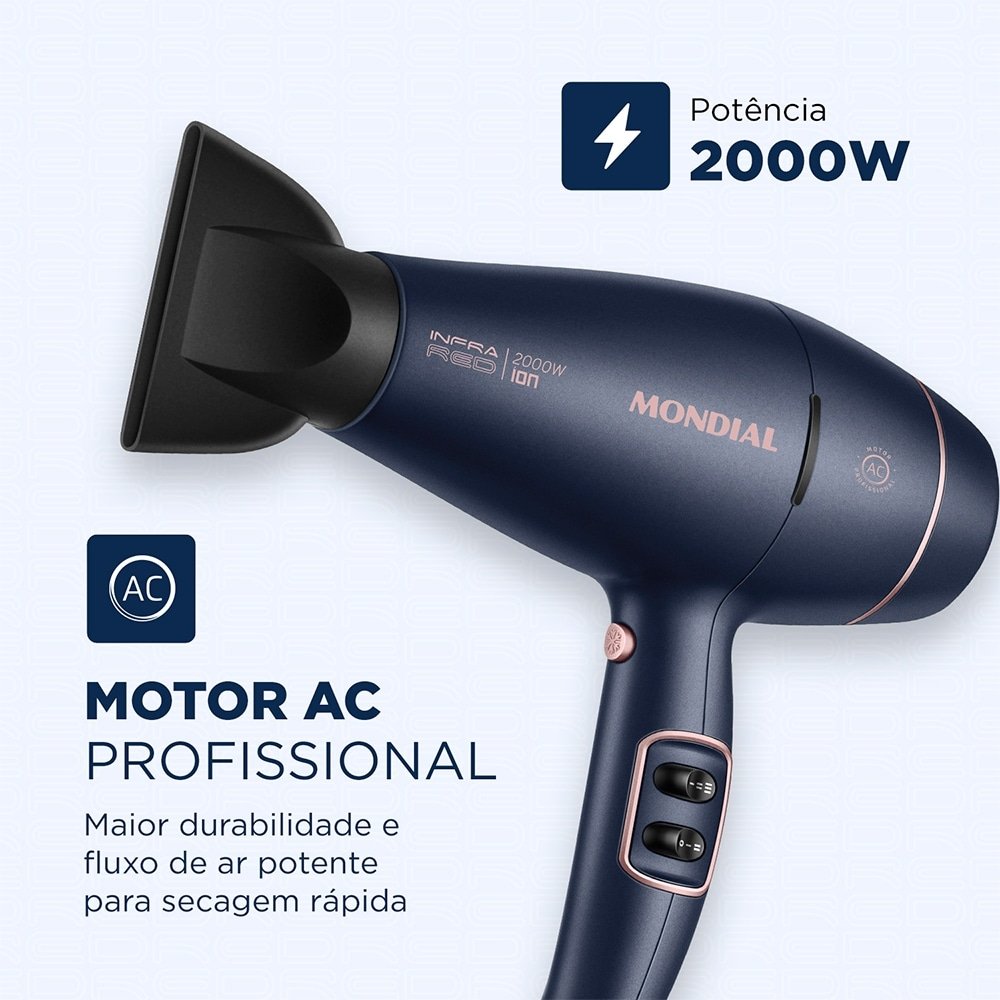 Secador de Cabelo Mondial SCP-01 InfraRed - com 2 Velocidades, 3 Temperaturas, 2000W, Azul/Golden Rose, 110V