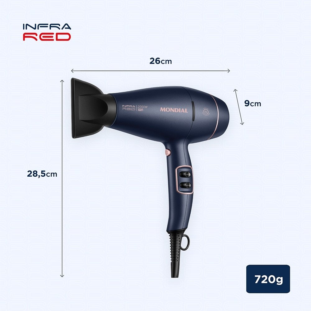 Secador de Cabelo Mondial SCP-01 InfraRed - com 2 Velocidades, 3 Temperaturas, 2000W, Azul/Golden Rose, 110V