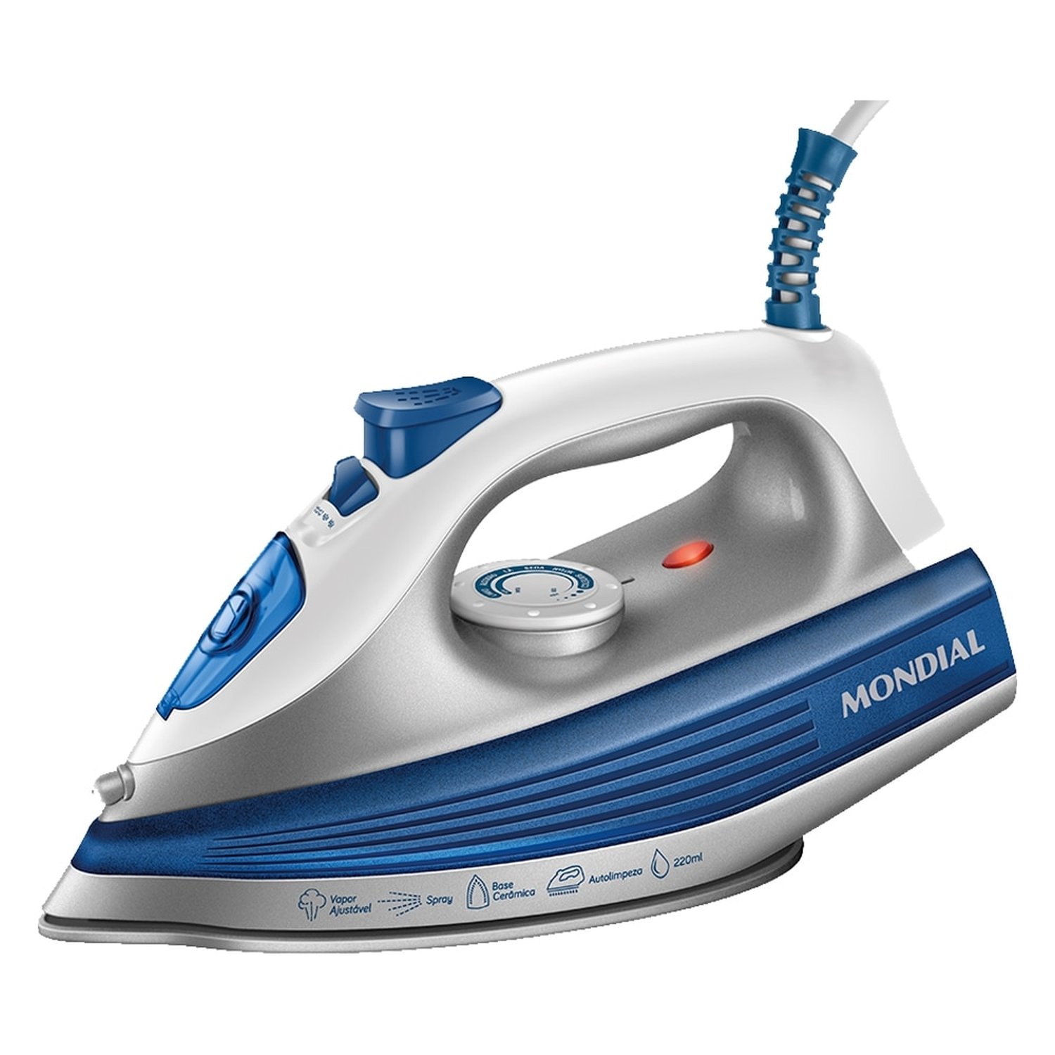 Ferro de Passar a Vapor Mondial FVN-01 - 1200W, Base Cerâmica, Branco/Azul, 220V