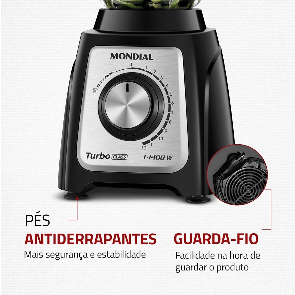 Liquidificador Mondial L-1400GI - Turbo Glass, 1400W, Jarra de Vidro, Preto/Inox, 110V