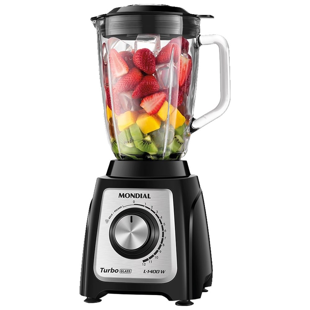 Liquidificador Mondial L-1400GI Turbo Glass - Copo de Vidro 1400W, Preto/Inox, 220V