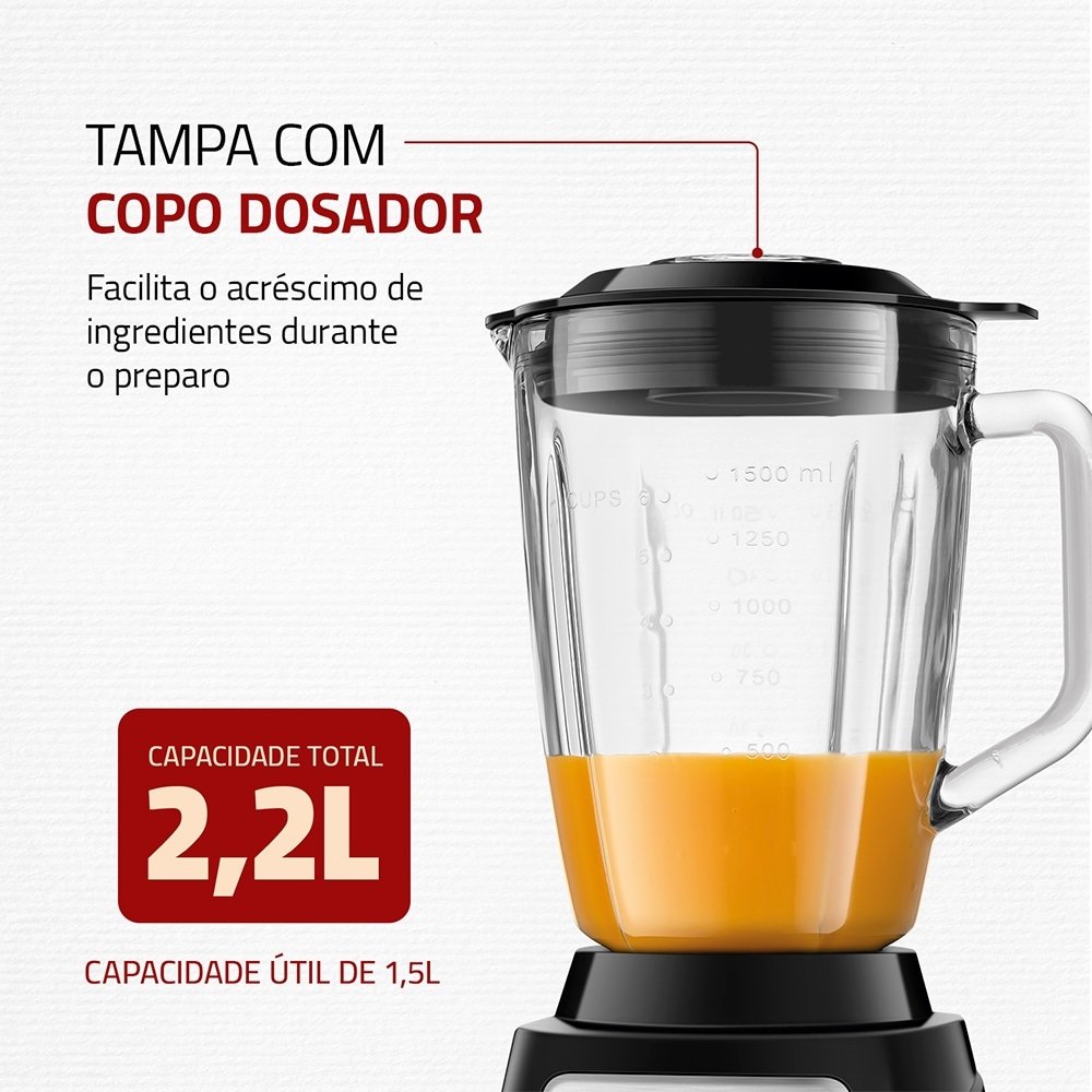 Liquidificador Mondial L-1400GI Turbo Glass - Copo de Vidro 1400W, Preto/Inox, 220V