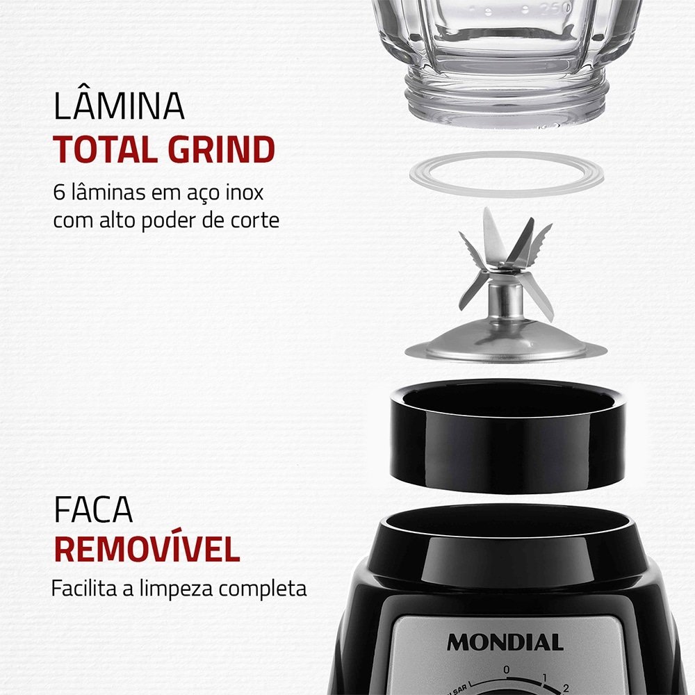 Liquidificador Mondial L-1400GI Turbo Glass - Copo de Vidro 1400W, Preto/Inox, 220V