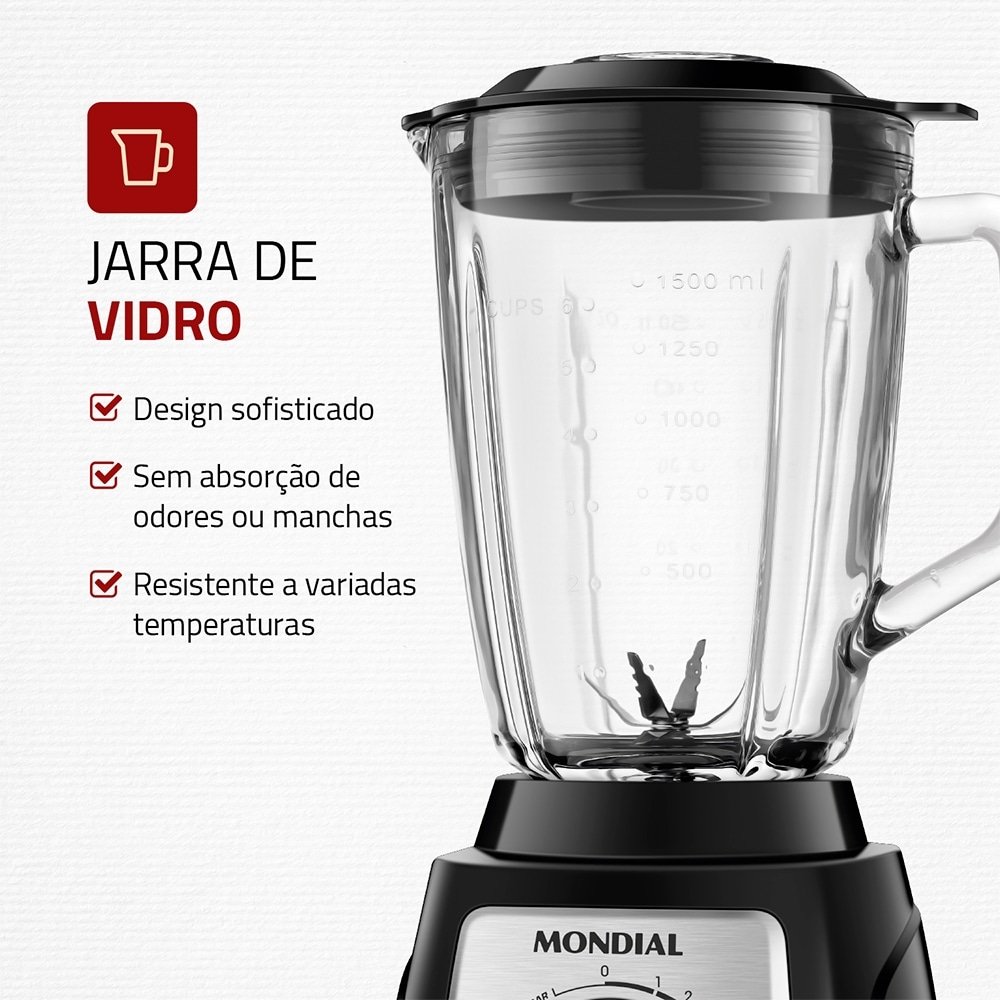 Liquidificador Mondial L-1400GI Turbo Glass - Copo de Vidro 1400W, Preto/Inox, 220V