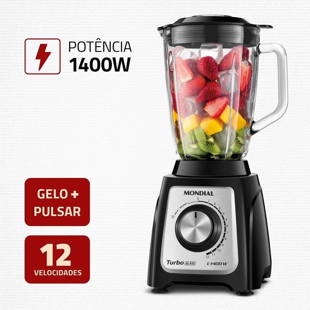 Liquidificador Mondial L-1400GI Turbo Glass - Copo de Vidro 1400W, Preto/Inox, 220V