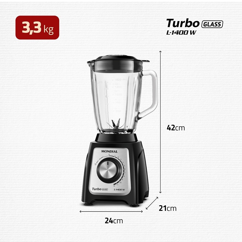Liquidificador Mondial L-1400GI Turbo Glass - Copo de Vidro 1400W, Preto/Inox, 220V