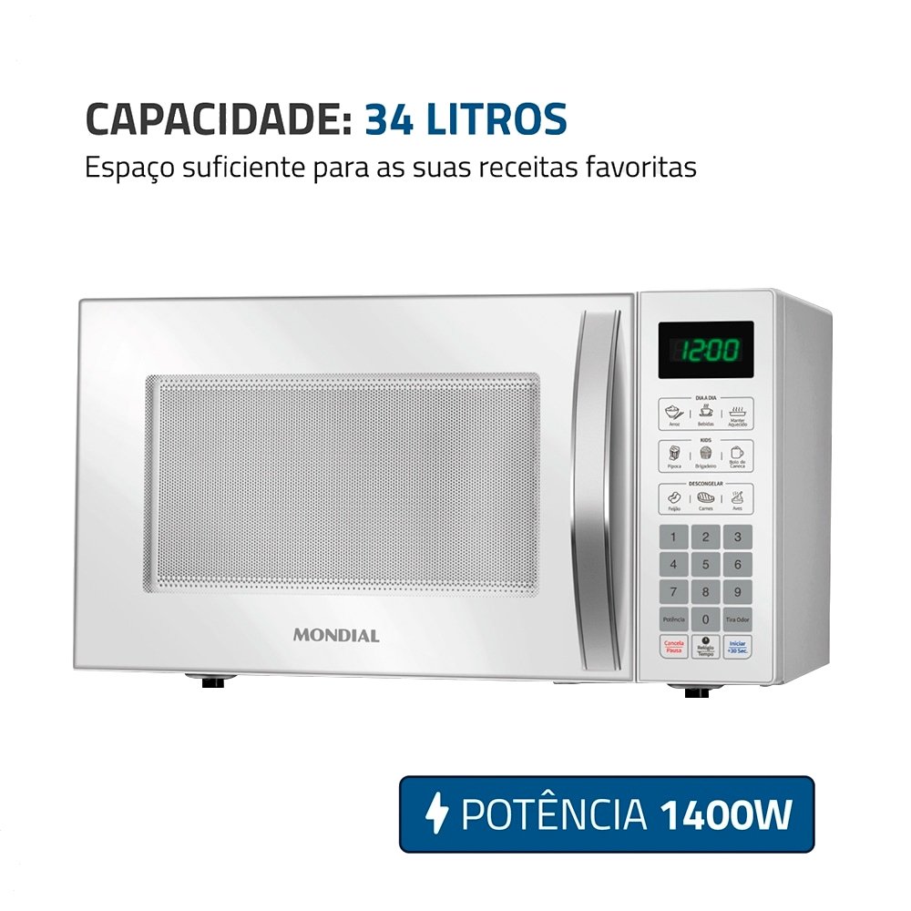 Micro-ondas Mondial 34 Litros MO-02-34-W - 1400W, Função Descongelar, Branco, 110V