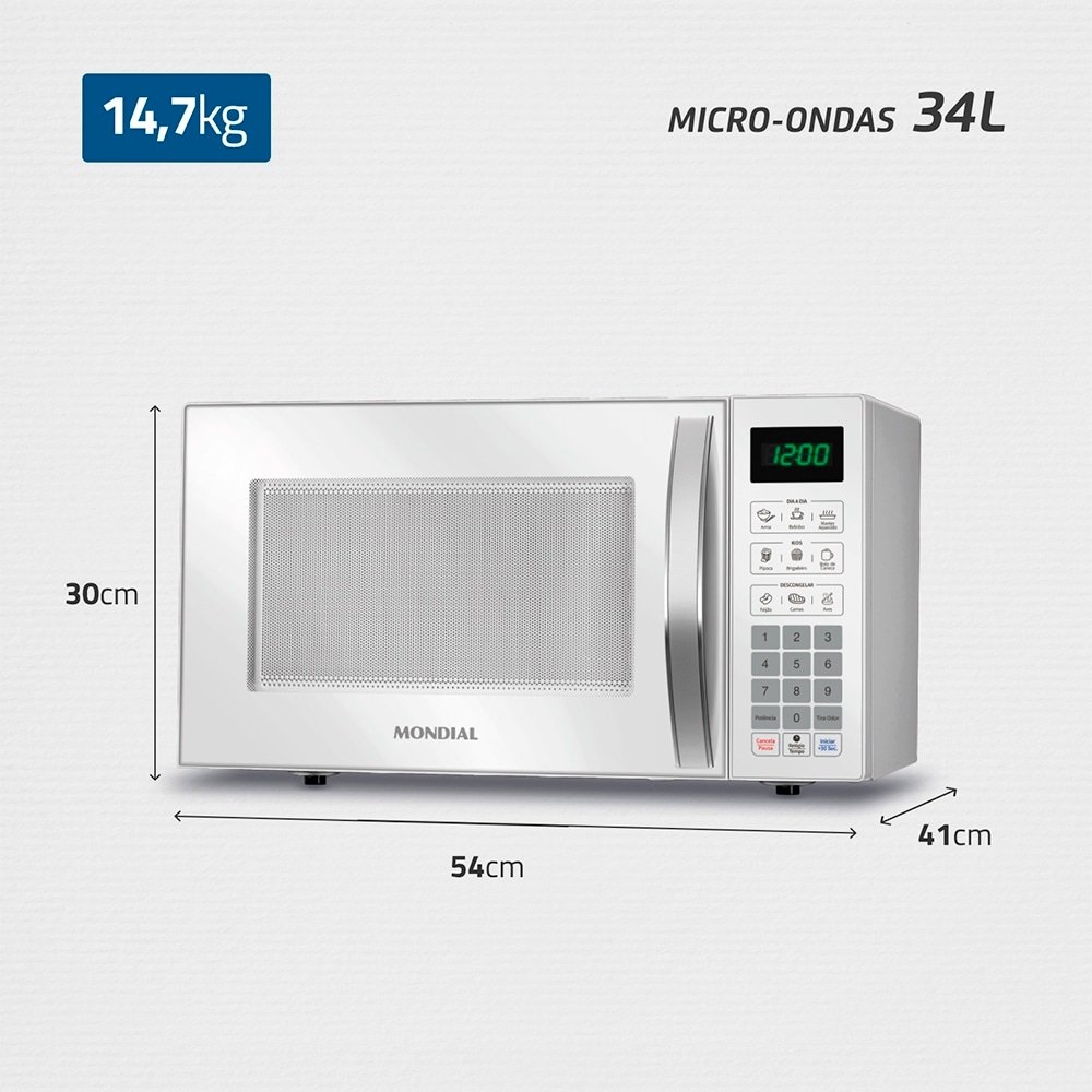Micro-ondas Mondial 34 Litros MO-02-34-W - 1400W, Função Descongelar, Branco, 110V