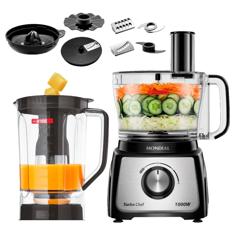 Multiprocessador de Alimentos Mondial MPN01BF Turbo Chef - 9 em 1, 2 Velocidades + Turbo, 1000W, Preto, 110V