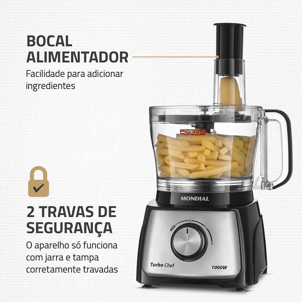 Multiprocessador de Alimentos Mondial MPN01BF Turbo Chef - 9 em 1, 2 Velocidades + Turbo, 1000W, Preto, 110V