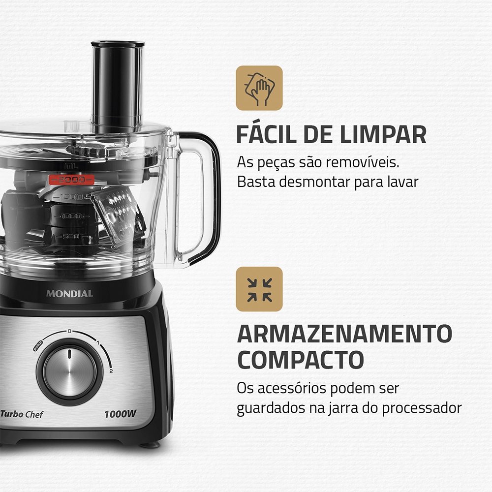 Multiprocessador de Alimentos Mondial MPN01BF Turbo Chef - 9 em 1, 2 Velocidades + Turbo, 1000W, Preto, 110V